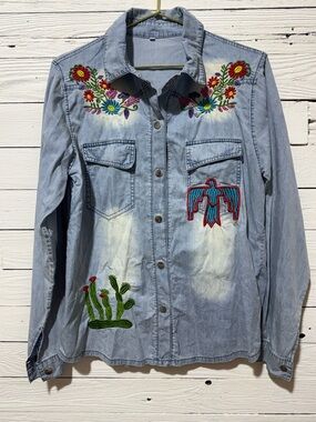 Embroidered Light Wash Denim Shirt - Floral & Southwestern Motifs